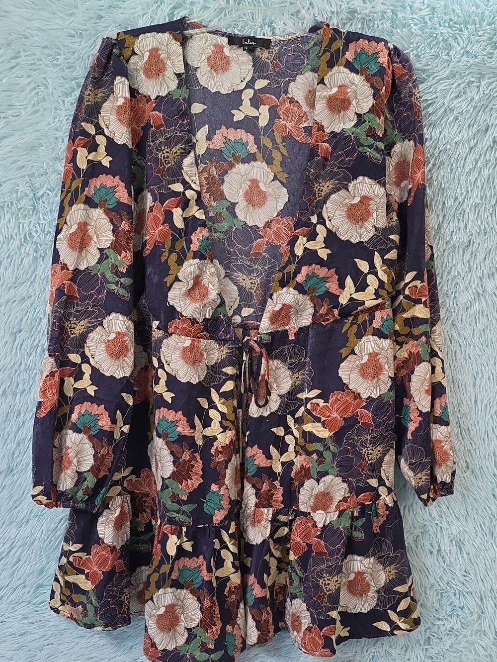 Lulus Dark Floral Ruffled Tie-Waist Mini Dress Balloon Sleeve M
